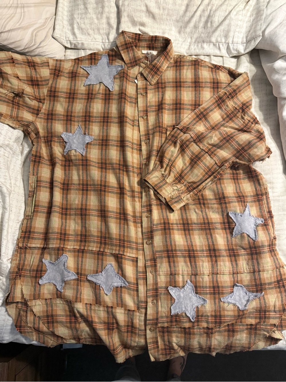 Blue Velvet Plaid Button-Up Shirt Dress with Star & Moon/sun patches